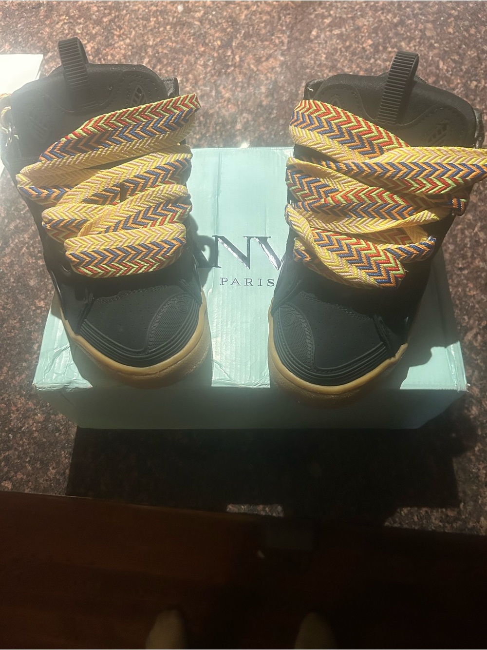 Lanvin Black Sneakers with Yellow-Red-Blue Braided Laces